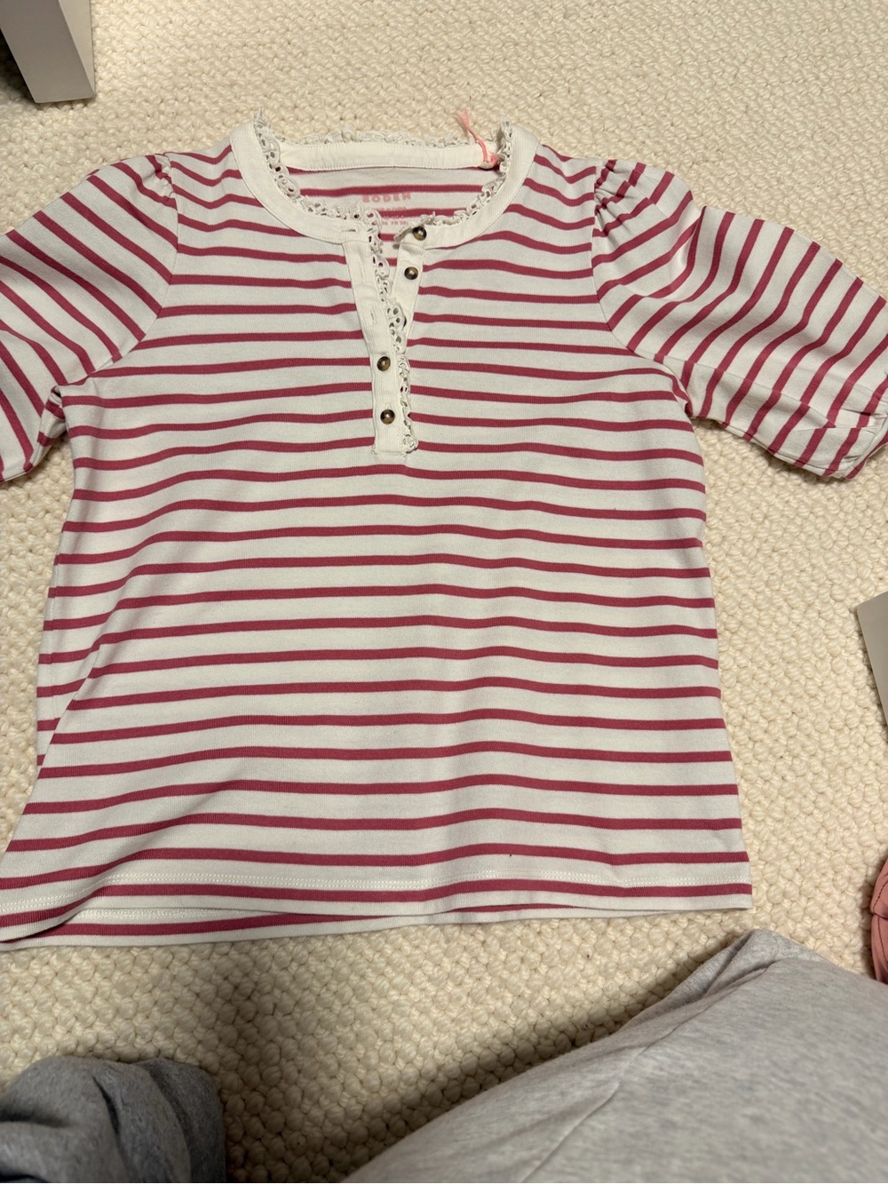 Boden Top Womens US 6 Pink White Puff Sleeve Lace Henley Striped Cotton Preppy